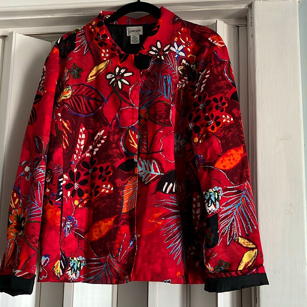 Chicos Vibrant Red Floral Jacket- size 3-